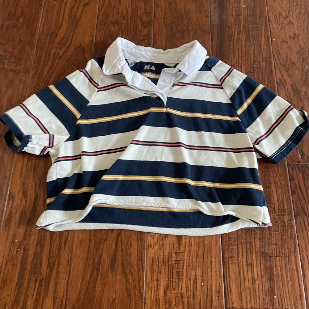 Blue and White Striped Cropped Polo Shirt